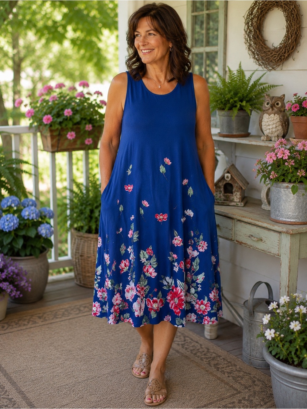 Sleeveless Royal Blue Floral Swing Dress XXL